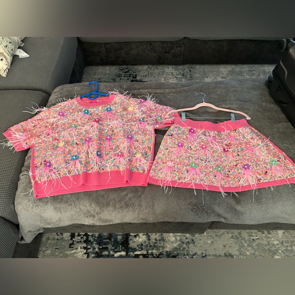 NWOT QUEEN OF SPARKLES Pink Sequin Top and Skirt- PLEASE READ SIZES!!